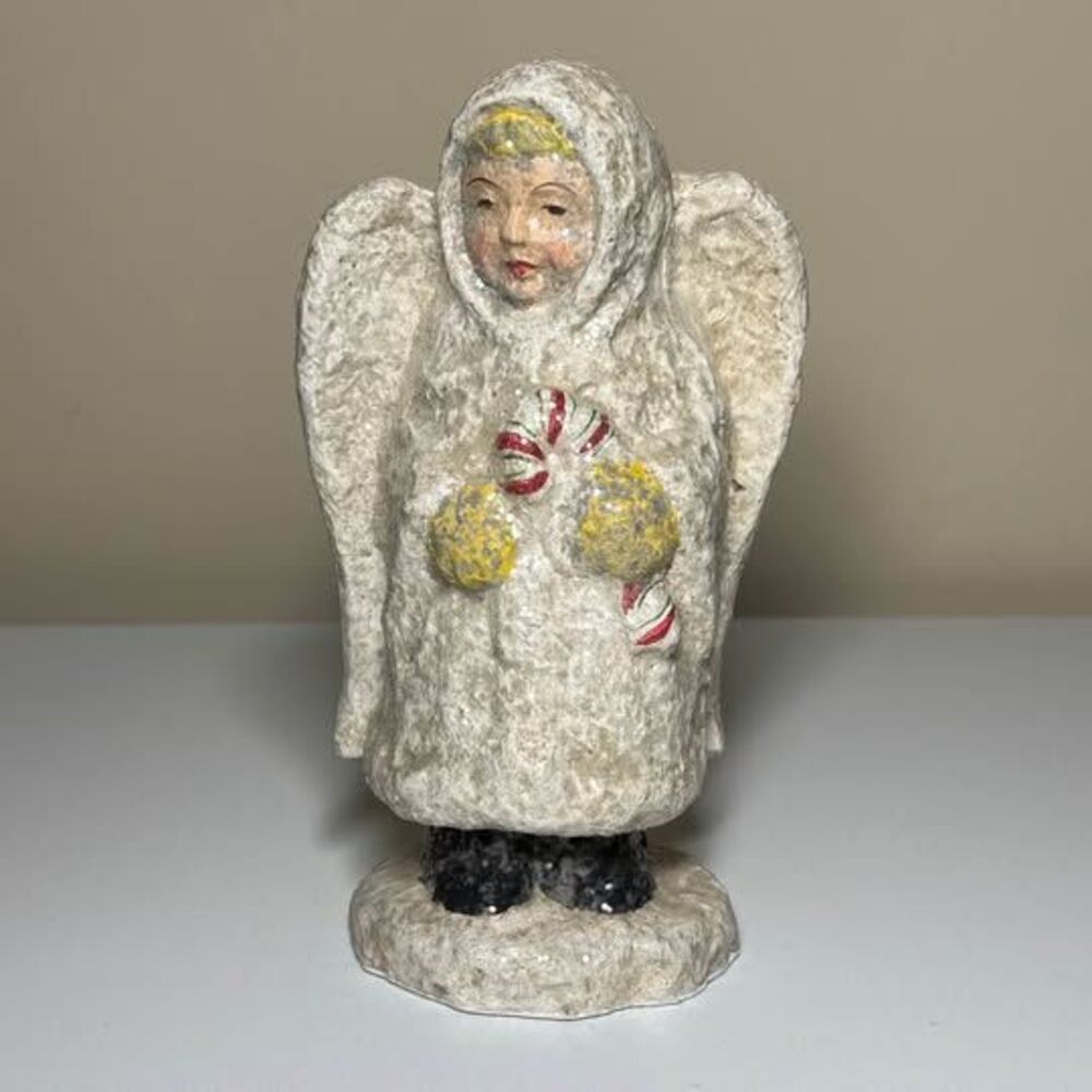 Vintage Style Primitive Christmas Angel Figurine Chalkware Look with Candy Cane